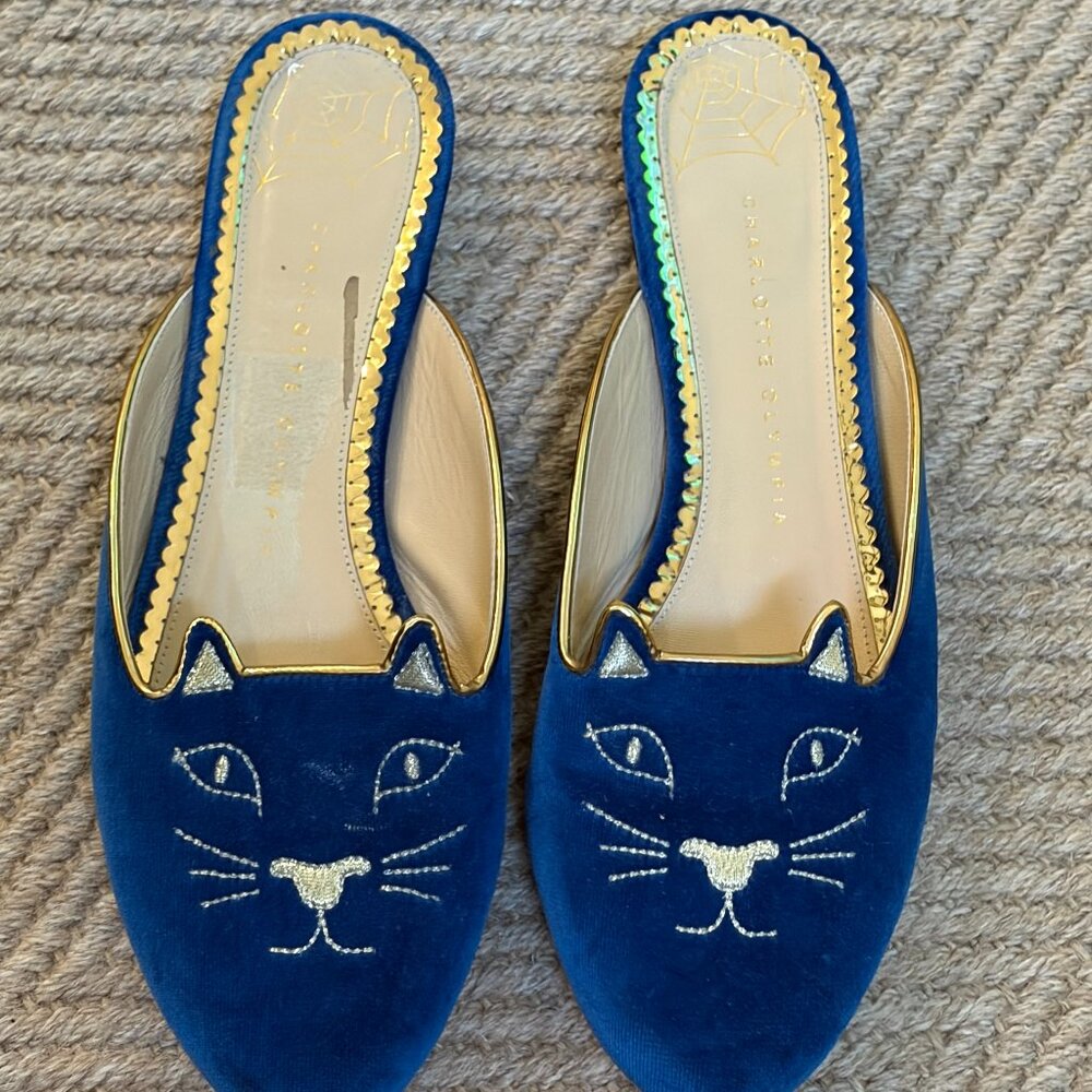 Charlotte Olympia Blue Velvet Kitty Mules with Gold Embroidery